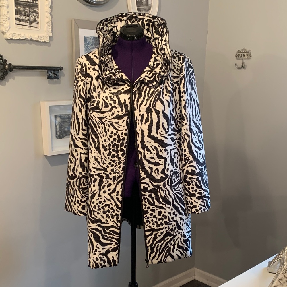 Samuel Dong Black and White Animal Print Coat with ruffle collar.